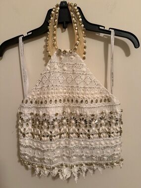 Rachel Allan White Cream Beaded Halter Backless Top and Long Black Skirt